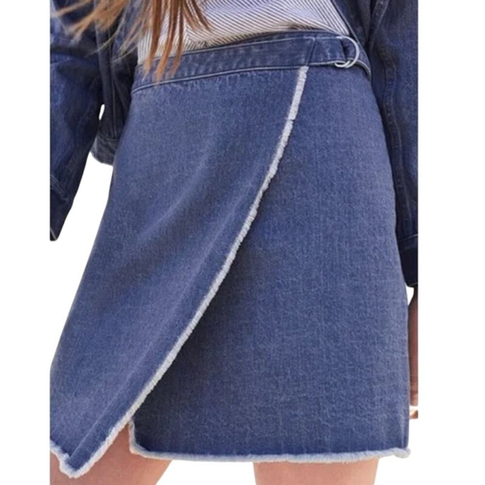 Club Monaco Denim Overlap Wrap Mini Skirt Frayed Edge Cotton Blue Jean Womens 0